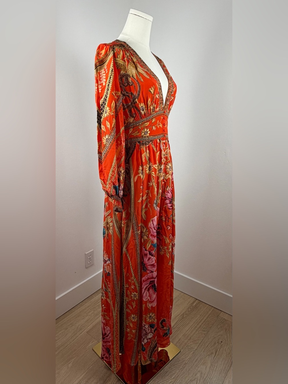 Camilla Orange Red Silk Floral Deep-V Maxi Dress - Picture 2 of 10